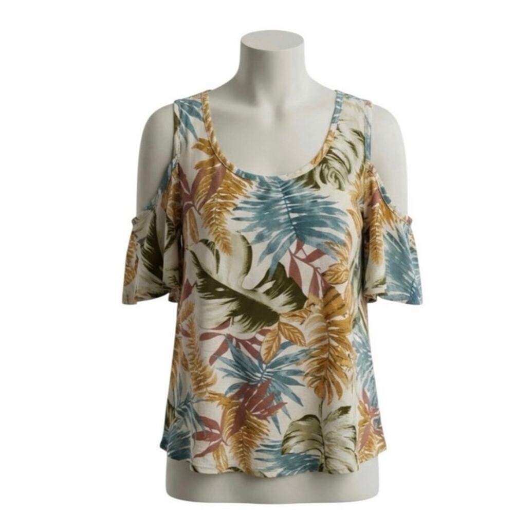 C'est La Vie Tropical Leaf Cold Shoulder Blouse Medium M Vacay Casual